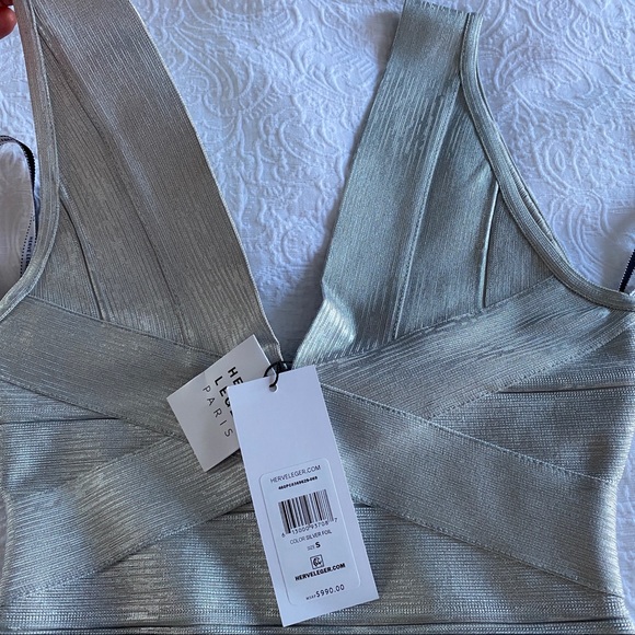🌸 Herve Leger Metallic Deep V Neck Bandage Dress - Picture 11 of 15